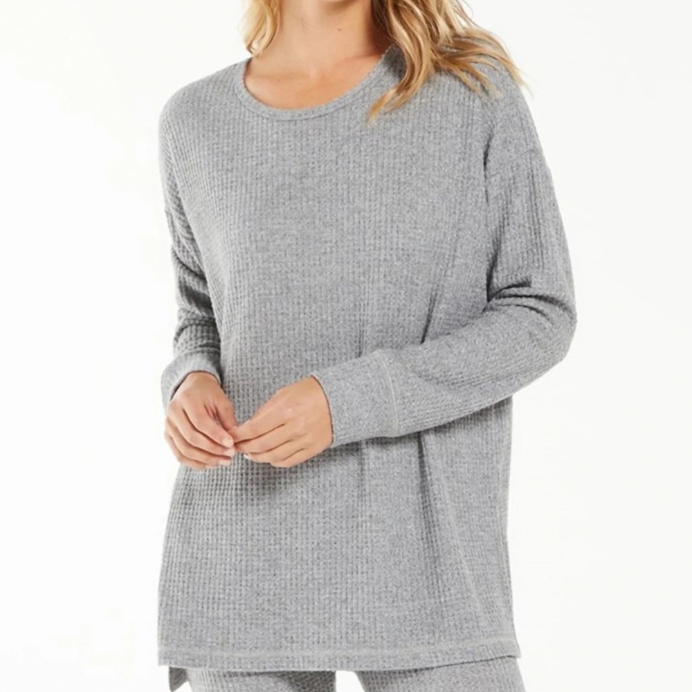 Z Supply BLACK Oversized Lightweight Thermal Top Shirt High Low Rough Hem Large
